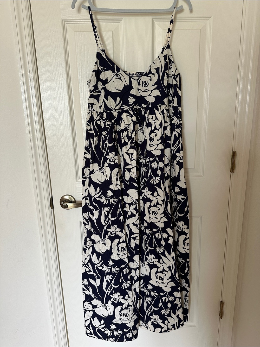 Navy and White Smocked Floral Maxi Dress